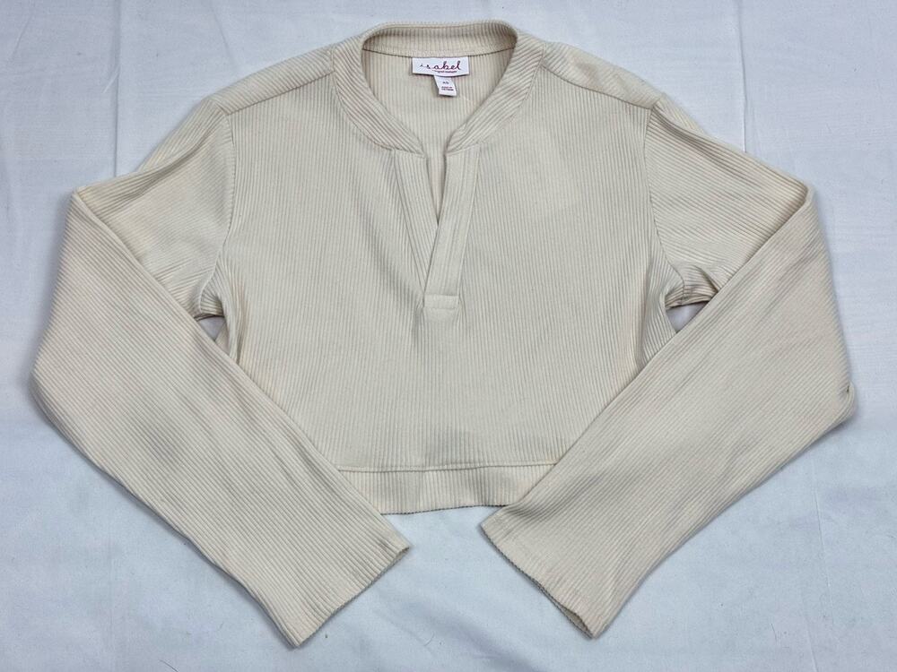 Ingrid & Isabel Maternity Cream Ribbed Henley Cropped XS Cottagecore Cozy